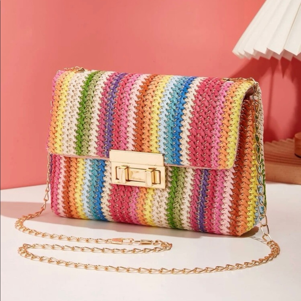 Color block chain straw fashion purse